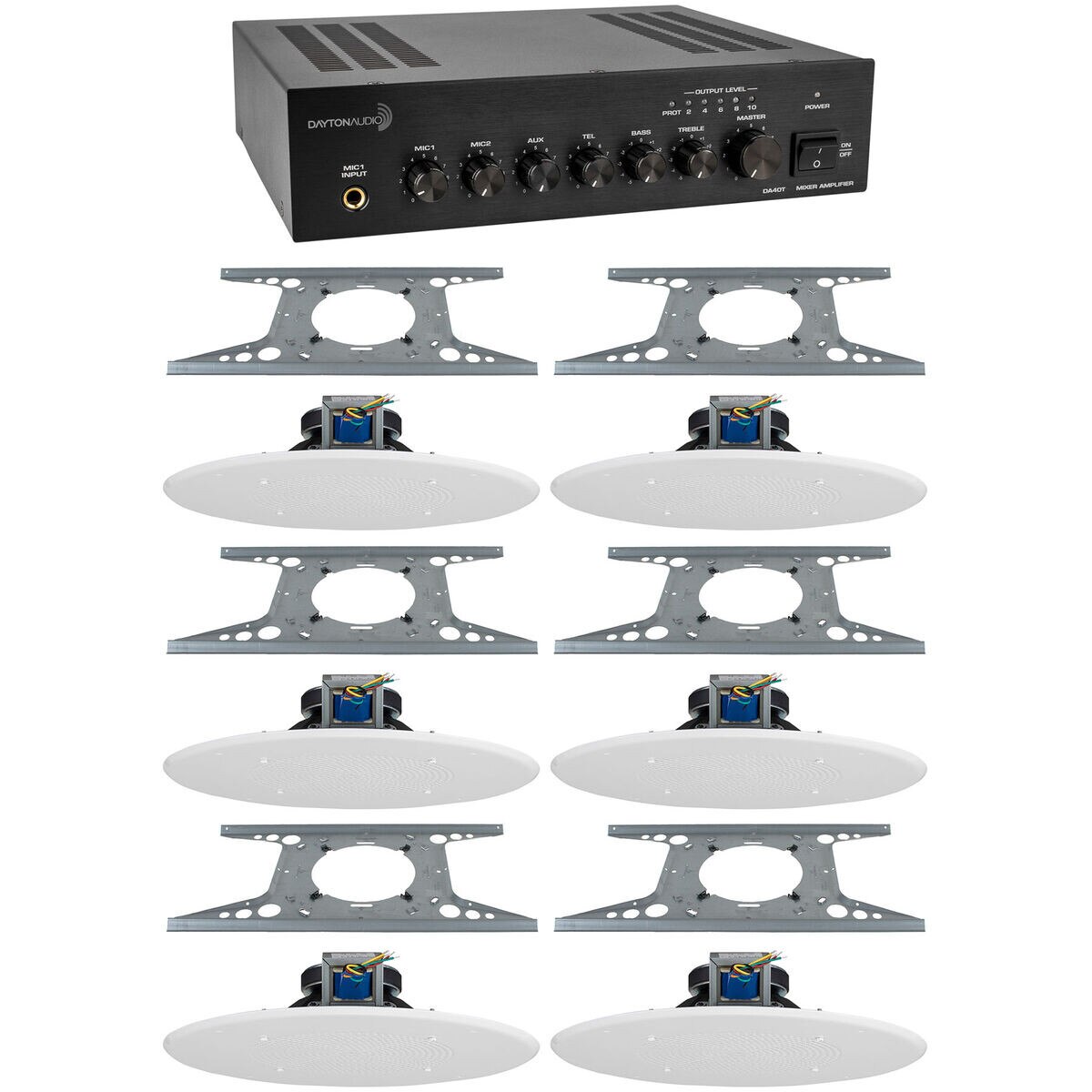 Dayton Audio DA40T 40W 70V Tabletop MixerAmplifier with (6) 8" Ceiling